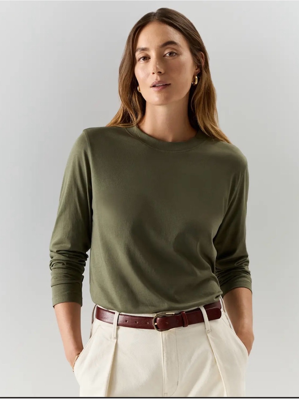 Quince Cotton Modal Relaxed Long Sleeve Tee Knit Olive Green Minimalist Layering